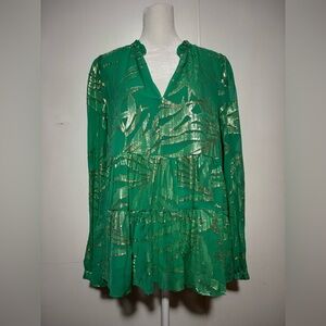 Lilly Pulitzer Sarita Long Sleeve Emerald and Gold Blouse Size 10
